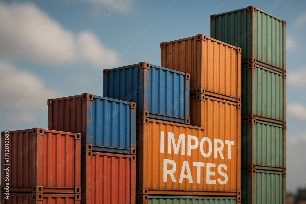 Poster import rate concept. colorful shipping containers with import rates displayed prominently.