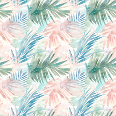 Watercolor seamless pattern with pastel tropical palm leaves