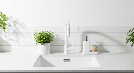 Bright Kitchen Sink and White Countertop against Tile Backsplash with Potted Greenery Providing a Clean Minimalist Aesthetic Design Concept