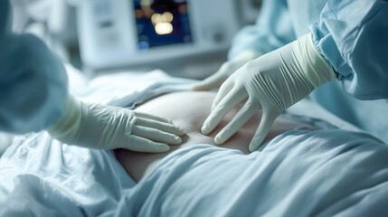 close up scene sterile medical two professionals blue surgical gowns and gloves examining patient's abdomen on bed lighting and medical equipment care clinical procedures