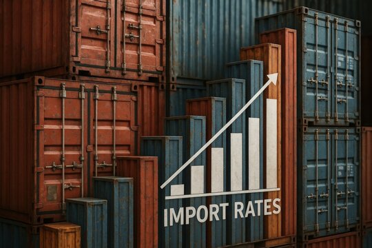 import rate concept. Cargo containers with import rates graph illustration.