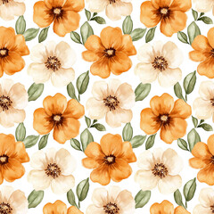 Watercolor seamless pattern with orange flowers and green leaves