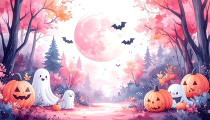 Cute ghost pumpkin forest under pink moon, friendly Halloween scene