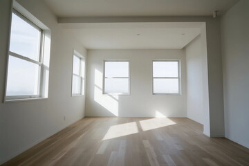 Obraz premium Empty room with large windows and wooden flooring