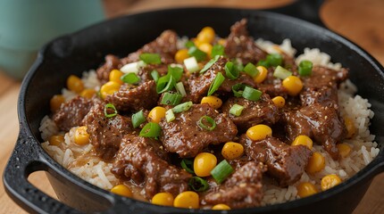 A close-up image of a delicious beef and rice dish served in a black cast iron skillet. The dish includes tender beef slices, white rice, corn kernels, and is garnished, chopped green onions sprinkle