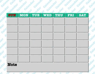 Empty landscape calendar template for multiple years, white blanks, Sunday to Saturday, 7 days 6 rows with note on white background