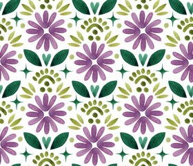 Seamless floral pattern with purple flowers and green leaves in geometric boho style