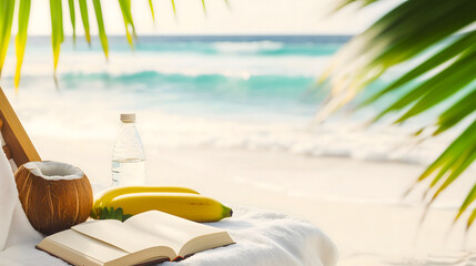 serene beachside scene lounge chair draped white towel open book fresh bananas a coconut bottle water. palm leaves view ocean waves tropical relaxation wellness leisure sea