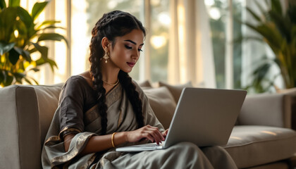 Young Woman in Grey Sari Using Laptop in Sunlit Room