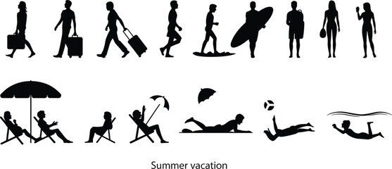 Summer vacation, beach travel, holiday relaxation, surfing fun, swimming activity, tropical leisure, sunbathing, family trip, beach lifestyle, outdoor vacation, travel icons, silhouettes