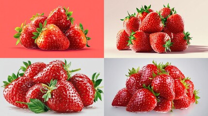 Four piles of vibrant, fresh, ripe strawberries with leaves against distinct backgrounds