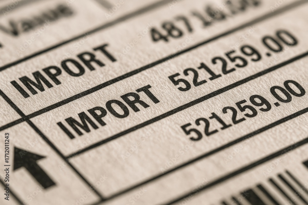 Poster import rate concept. detailed import document with financial figures highlighted.