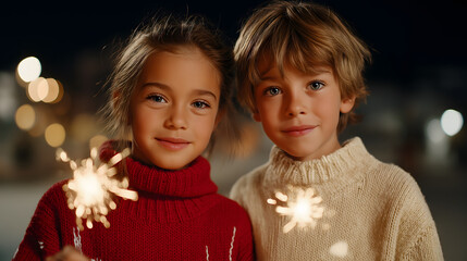 Christmas and generation alpha: Happy sibling hold sparkler, enjoying festive celebration. Their joyful faces light up in night, creating warm, cherished memory