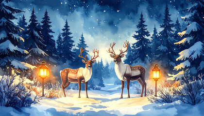 Winter deer in snowy pine forest at night, cozy lantern glow