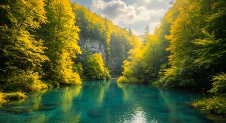 Autumnal Canyon River: Vibrant Yellow Foliage Reflecting in Crystal-Clear Water