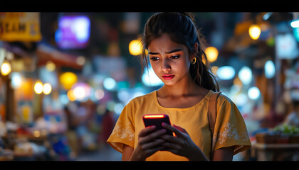 Young Woman Using Smartphone at Night Market