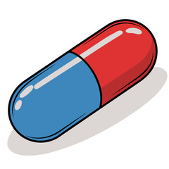Illustration of a red and blue capsule, symbolizing medication, healthcare, and pharmaceutical products for treatment and wellbeing in medical settings