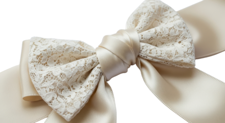 Elegant satin bow tie with lace decoration isolated PNG with Transparent Background