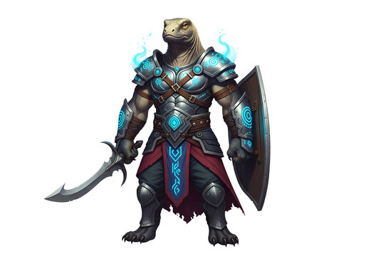 A formidable lizard-like warrior, clad in detailed steel armor, wields a curved blade and holds a protective shield, radiating a powerful and enigmatic aura.