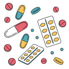 Vector art of a vibrant and colorful illustration showcasing a variety of pills, capsules, and blister packs scattered across an, perfect for medical and pharmaceutical themes