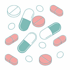 Vector art of a vibrant illustration showcasing an assortment of colorful pills and capsules scattered across a, this image represents the concept of medication