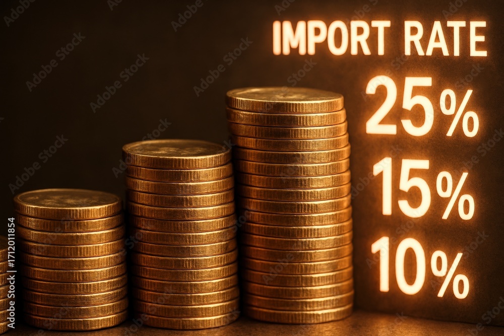 Poster import rate concept. stacks of coins with displayed import rates in percentages.