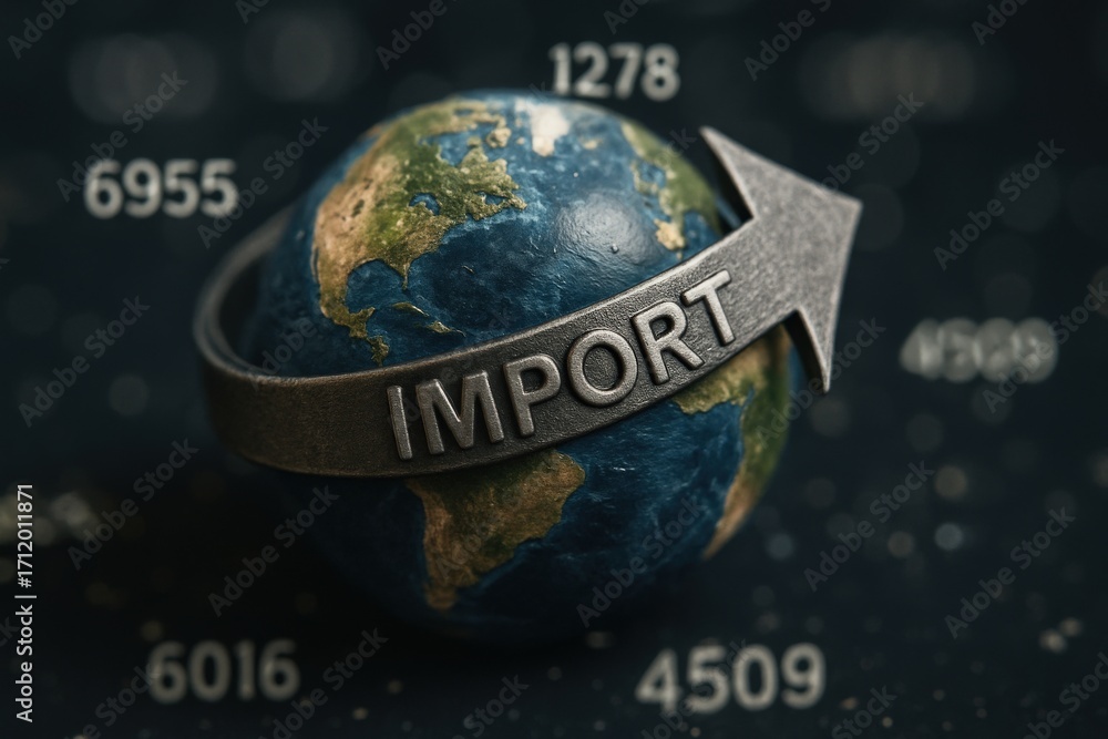 Poster import rate concept. rotating globe with an import arrow indicating global trade.