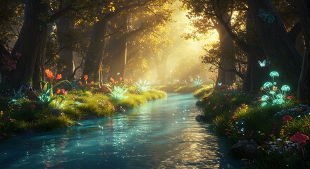Enchanting Fairy Forest Stream with Luminescent Flora and Fauna