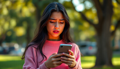 Young Woman with Concerned Expression Using Smartphone in Park