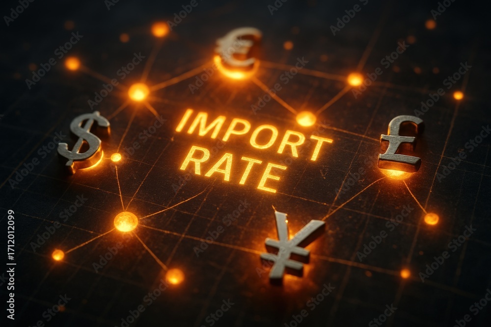 Poster import rate concept. digital display of import rates with currency symbols and connections.