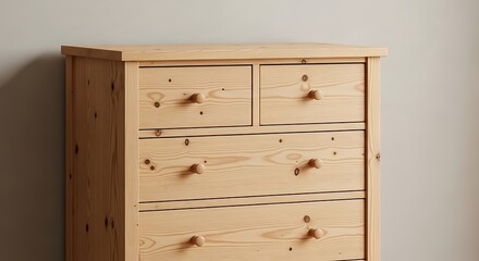 Light Wooden Chest of Drawers, Simple Design, Natural Wood Grain.