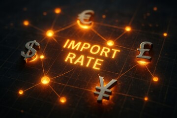 import rate concept. Digital display of import rates with currency symbols and connections.