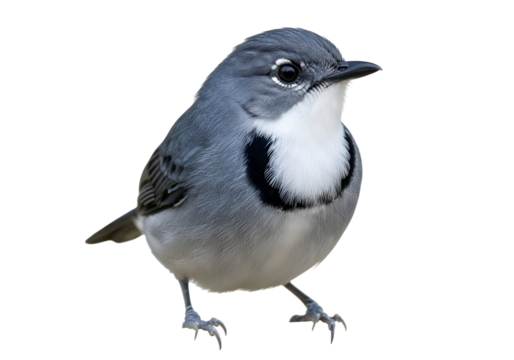 Close-up view of a small gray bird with contrasting white and dark gray plumage, set against a pure black background.