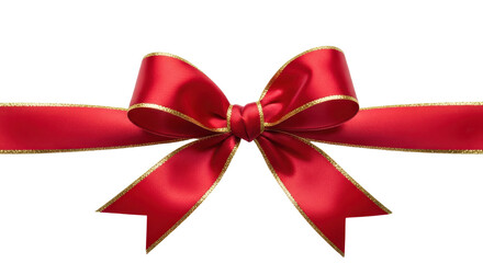 Fototapeta premium Red satin ribbon tied in a bow with gold trim isolated PNG with Transparent Background