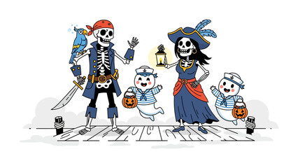 Halloween Pirate Family on Deck: A fun cartoon depiction of a pirate family dressed in Halloween costumes, standing on a ship deck with a parrot, ghost.