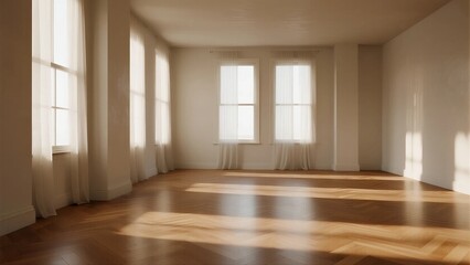Fototapeta premium Empty room with wooden floor and large windows