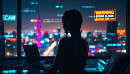 Cybersecurity Specialist Working at Night in a Modern City Office