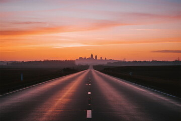 A scenic road stretching into the distance under a colorful sunrise