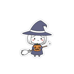 Adorable witch holding a broom and pumpkin