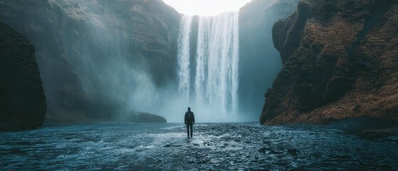 Majestic waterfall, person standing, serene landscape