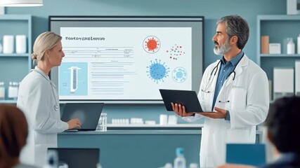Medical professionals presenting research on viruses during a conference in a modern laboratory setting