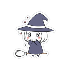 Shy witch on a broomstick surrounded by hearts