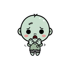 Scared zombie with hands raised in shock