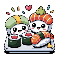 Adorable Sushi Couple on a Date Kawaii Food Art Featuring a Sushi Plate with Cute Sushi Characters and Accessories