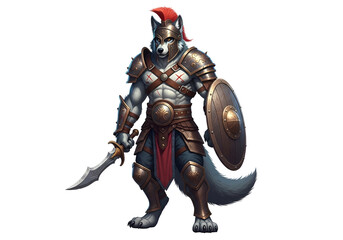 A powerfully built wolf warrior stands ready, clad in detailed, bronze-toned armor, a sword and shield held with determined posture.