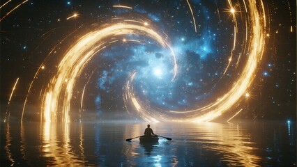 A Person Rowing Boat Facing Spiral Galaxy in Night Sky