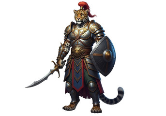 Fototapeta premium A formidable warrior, clad in ornate armor, panther-like features, and holding a sword and shield, stands against a black background.