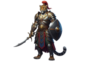 A formidable warrior, clad in ornate armor, panther-like features, and holding a sword and shield, stands against a black background.