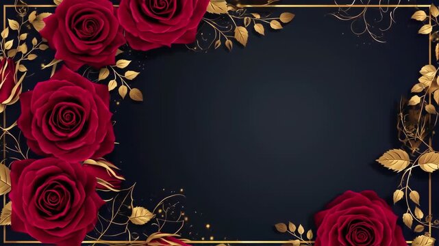 A graphic design featuring multiple deep crimson roses and gold leaf-like foliage arranged around a dark navy border