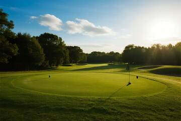 Sunlit Golf Course with Well - Maintained Green and Trees Around